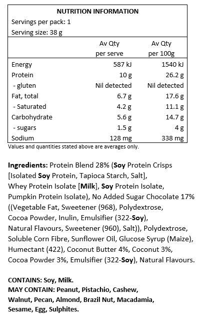 Protein Blend 28% (Soy Protein Crisps [Isolated Soy Protein, Tapioca Starch, Salt], Whey Protein Isolate [Milk], Soy Protein Isolate, Pumpkin Protein Isolate), No Added Sugar Chocolate 17% ((Vegetable Fat, Sweetener (968), Polydextrose, Cocoa Powder, Inulin, Emulsifier (322-Soy), Natural Flavours, Sweetener (960), Salt)), Polydextrose, Soluble Corn Fibre, Sunflower Oil, Glucose Syrup (Maize), Humectant (422), Coconut Butter 4%, Coconut 3%, Cocoa Powder 3%, Emulsifier (322-Soy), Natural Flavours.

CONTAINS: Soy, Milk.
MAY CONTAIN: Peanuts, Tree Nuts (pistachio, cashews, walnuts, pecans, almonds, Brazil nuts, macadamia), Sesame Seeds, Egg, Sulphites.
