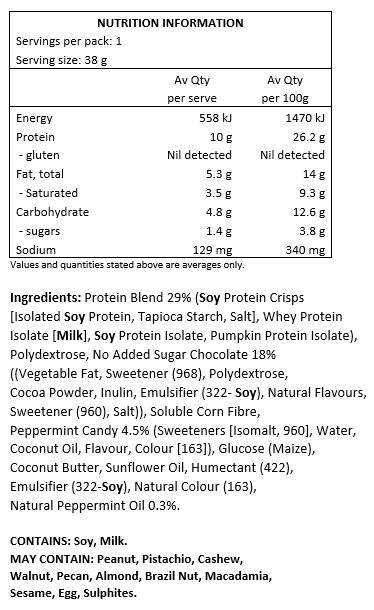 Protein Blend 29% (Soy Protein Crisps [Isolated Soy Protein, Tapioca Starch, Salt], Whey Protein Isolate [Milk], Soy Protein Isolate, Pumpkin Protein Isolate), Polydextrose, No Added Sugar Chocolate ((Vegetable Fat, Sweetener (968), Polydextrose, Cocoa Powder, Inulin, Emulsifier (322- Soy), Natural Flavours, Sweetener (960), Salt)), Soluble Corn Fibre, Peppermint Candy 4.5% (Sweeteners [Isomalt, 960], Water, Coconut Oil, Flavour, Colour [163]), Glucose (Maize), Coconut Butter, Sunflower Oil, Humectant (422), Emulsifier (322-Soy), Natural Colour (163), Natural Mint Flavour 0.3%. 

CONTAINS: Soy, Milk.
MAY CONTAIN: Peanuts, Tree Nuts (pistachio, cashews, walnuts, pecans, almonds, Brazil nuts, macadamia), Sesame Seeds, Egg, Sulphites.
