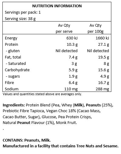 Protein Blend (Pea, Whey), Peanuts (25%), Prebiotic Fibre Tapioca, Vegan Choc (Cacao Mass, Cacao Butter, Sugar), Pea Protein Crisps, Glucose, Natural Peanut Flavour (1%), Monk Fruit.
CONTAINS: Peanuts, Milk.
Manufactured in a facility that contains Tree Nuts and Sesame.