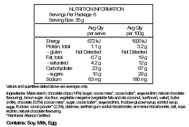 Maize Starch, Chocolate Chips 14% (Sugar, Cocoa Mass*, Cocoa Butter*, Emulsifier: Soya Lecithin; Natural Flavouring), Brown Sugar, Rice Flour, Vegetable Margarine [Vegetable Fats And Oils (Coconut, Sunflower), Water], Butter (Milk), Chocolate 5,5% (Cocoa Mass*, Sugar, Cocoa Butter*, Emulsifier: Soya Lecithin), Glucose-Fructose Syrup, Stabiliser: Sorbitol Syrup; Eggs, Fructose, Cocoa Powder* 2,3%, Dextrose, Thickener: Xanthan Gum; Raising Agents: Sodium Bicarbonate, Ammonium Bicarbonate; Salt,
Emulsifier: Soya Lecithin; Natural Flavouring.
