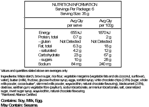 Maize Starch, Brown Sugar, Rice Flour, Vegetable Margarine [Vegetable Fats And Oils (Coconut, Sunflower), Water], Butter (Milk),
Fructose, Glucose-Fructose Syrup, Eggs, Stabiliser: Sorbitol Syrup; White Chocolate Chips 2,8% (Sugar, Whole Milk Powder, Cocoa Butter*, Skimmed Milk Powder, Emulsifier: Soya Lecithin; Natural Flavouring), Black Currant 2,8%, Dextrose, Thickener: Xanthan Gum; Vegetable Fibre (Psyllium), Raising Agents: Sodium Bicarbonate, Ammonium Bicarbonate; Salt, Caramelized Sugar, Invert Sugar Syrup, Emulsifier: Soya Lecithin; Natural Flavouring.

May Contain : Sesame
