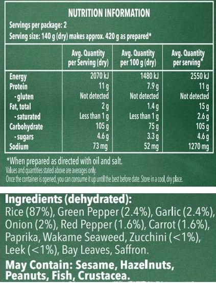 Rice (87%), Green Pepper (2.4%), Garlic (2.4%), Onion (2%), Red Pepper (1.6%), Carrot (1.6%), Paprika, Wakame Seaweed, Zucchini (<1%), Leek (<1%), Bay Leaves, Saffron.

May Contain: Sesame, Hazelnuts, Peanuts, Fish, Crustacea. 