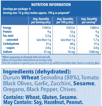 Durum Wheat Semolina (88%), Tomato, Black Olives, Garlic, Zucchini, Sesame, Oregano, Black Pepper, Chives. 

Contains: Wheat, Gluten, Sesame.
May Contain: Soy, Hazelnut, Peanut. 