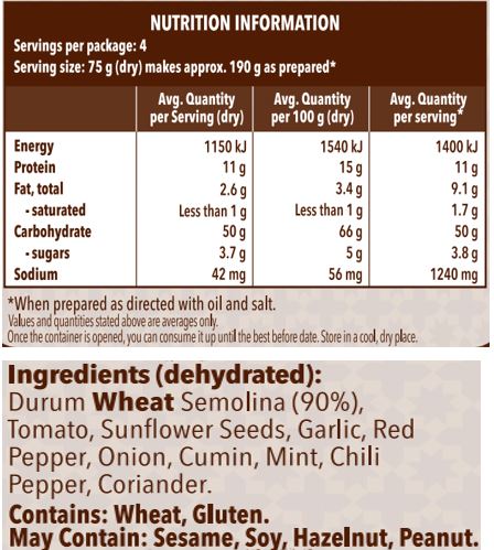 Durum Wheat Semolina (90%), Tomato, Sunflower Seeds, Garlic, Red Pepper, Onion, Cumin, Mint, Chili Pepper, Coriander.
Contains: Wheat, Gluten.
May Contain: Sesame, Soy, Hazelnut, Peanut.