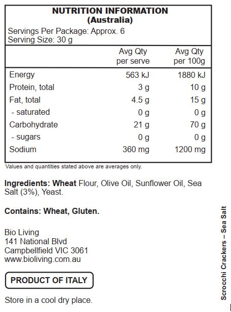 Wheat Flour, Olive Oil, Sunflower Oil, Sea Salt (3%), Yeast.

Contains: Wheat, Gluten.