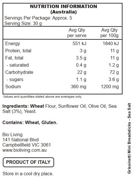 Wheat Flour, Sunflower Oil, Olive Oil, Sea Salt (3%), Yeast.

Contains: Wheat, Gluten.