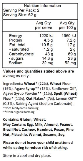 WHEAT (coarsely ground) 22 %, WHEAT FLOUR 19 %, agave sirup 15 %,
sunflower oil, agave sirup powder 11 %, SPELT FLOUR 11 %, OAT FLAKES
(coarsely ground) 7 %, lemon oil, baking agent: sodium hydrogen carbonate