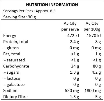 Maize, sugar, salt, emulsifier: sunflower lecithin, vitamins (niacin, pantothenic acid, vitamin B6, ribofl avin, tiamin, folic acid, biotin, vitamin B12).