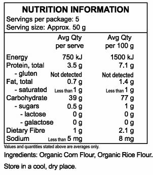 Organic Corn Flour, Organic Rice Flour.