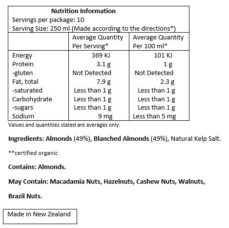 Almonds (49%), Blanched Almonds (49%), Natural Kelp Salt.
May Contain: Macadamias, Hazelnuts, Cashews, Walnuts, Brazil Nuts.