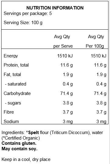 Spelt (triticum dicoccum) flour (100% Organic). May contain traces of soy.