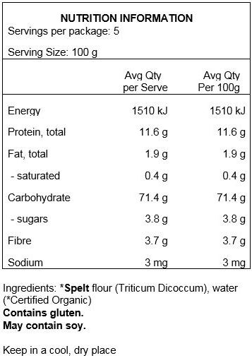 Spelt (triticum dicoccum) flour (100% Organic). May contain traces of soy.