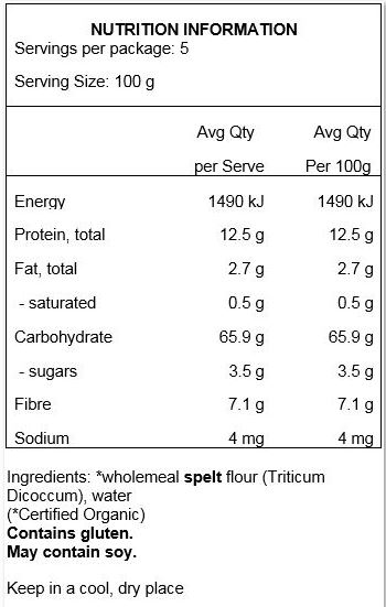 Semi-wholemeal spelt flour (Triticum dicoccum)*, water. May contain traces of soy.
*Organic