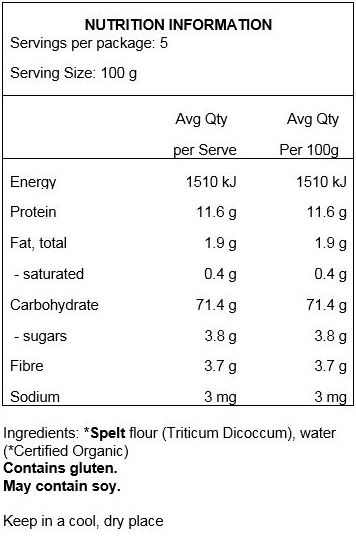 Spelt (triticum dicoccum) flour (100% Organic). May contain traces of soy.