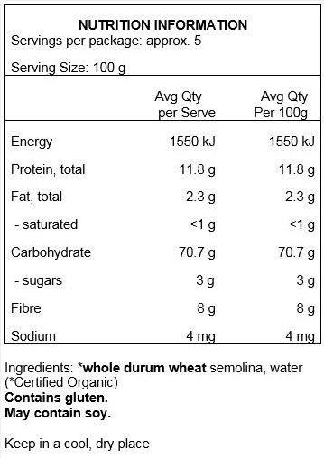 Durum whole wheat semolina (100% Organic). May contain traces of soy.