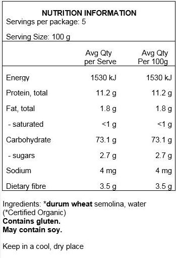 Durum wheat semolina (100% Organic). May contain traces of soy.