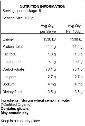 Durum wheat semolina (100% Organic). May contain traces of soy.