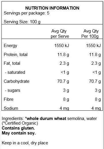 Durum whole wheat semolina (100% Organic). May contain traces of soy.