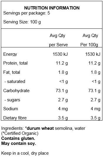 Durum wheat semolina (100% Organic). May contain traces of soy.