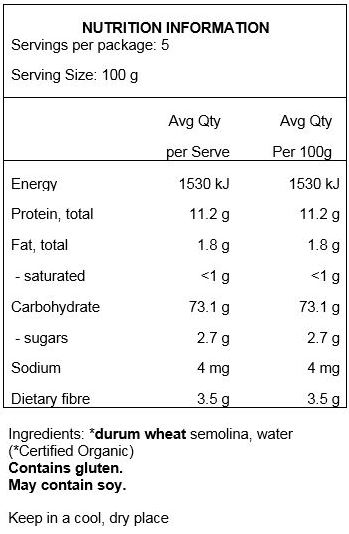 Durum wheat semolina (100% Organic). May contain traces of soy.