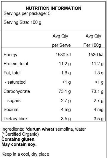 Durum wheat semolina (100% Organic). May contain traces of soy.