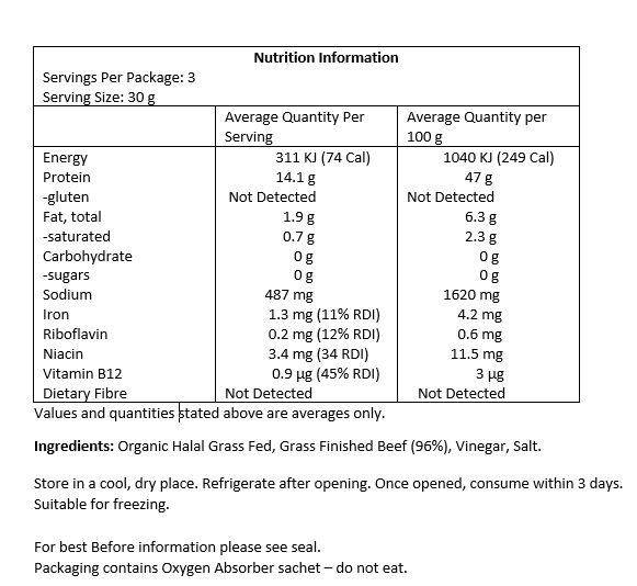 Organic Halal Grass-fed Grass-finished Beef (96%), vinegar, salt.