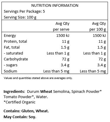 Organic durum wheat semolina, organic dehydrated tomato 0,7%, organic dehydrated spinach 0,7%