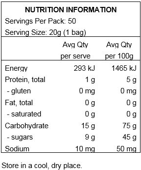 Organic Brown Rice Syrup, Organic Cane Sugar, Dextrose, Gelatine, Organic Tapioca Starch, White Grape Juice Concentrate, Citric Acid, Natural Flavours, Ascorbic Acid, Organic Sunflower Oil, Organic Carnauba Wax, Coloured with Concentrate (Carrot, Blueberry, Purple Carrot), Saffron (Colour), Annatto (Colour).