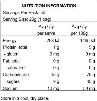 Organic Brown Rice Syrup, Organic Cane Sugar, Dextrose, Gelatine, Organic Tapioca Starch, White Grape Juice Concentrate, Citric Acid, Natural Flavours, Ascorbic Acid, Organic Sunflower Oil, Organic Carnauba Wax, Coloured with Concentrate (Carrot, Blueberry, Purple Carrot), Saffron (Colour), Annatto (Colour).