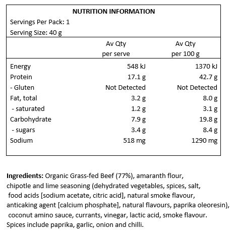 Organic Grass-fed Beef (77%), amaranth flour, chipotle and lime seasoning (dehydrated vegetables, spices, salt, food acids [sodium acetate, citric acid], natural smoke flavour, anticaking agent [calcium phosphate], natural flavours, paprika oleoresin), coconut amino sauce, currants, vinegar, lactic acid, smoke flavour. Spices include paprika, garlic, onion and chilli.
