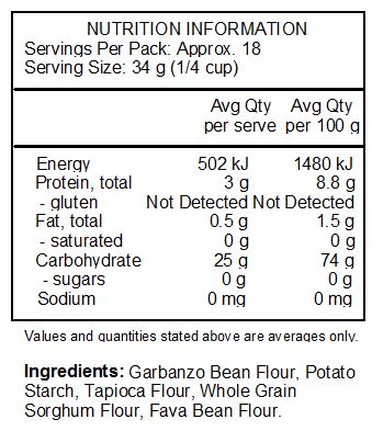 Garbanzo Bean Flour, Potato Starch, Tapioca Flour, Whole Grain Sorghum Flour, Fava Bean Flour.