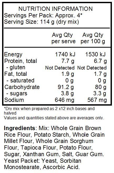 Whole grain brown rice flour, potato starch, whole grain millet flour, whole grain sorghum flour, tapioca flour, potato flour, evaporated cane juice, xanthan gum, active dry yeast, sea salt (magnesium carbonate as flowing agent), guar gum 
*Manufactured in a facility that also uses tree nuts and soy*