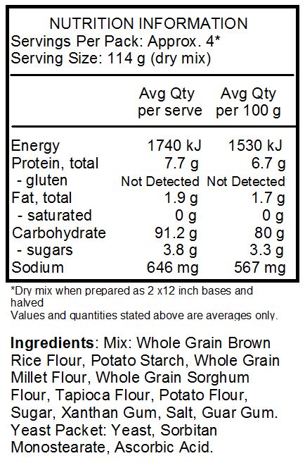 Mix: Whole Grain Brown Rice Flour, Potato Starch, Whole Grain Millet Flour, Whole Grain Sorghum Flour, Tapioca Flour, Potato Flour, Sugar, Xanthan Gum, Salt, Guar Gum. Yeast Packet: Yeast, Sorbitan Monostearate, Ascorbic Acid.