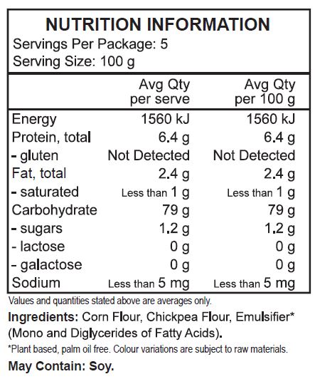 Corn flour, Chickpea flour, emulsifier: mono- and diglycerides of fatty acids