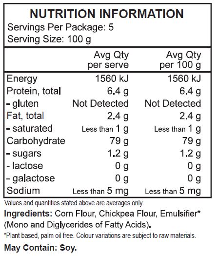 Corn flour, Chickpea flour, emulsifier: mono- and diglycerides of fatty acids