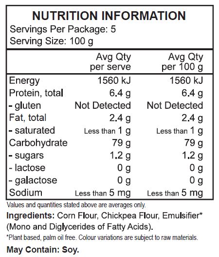 Corn flour, Chickpea flour, emulsifier: mono- and diglycerides of fatty acids