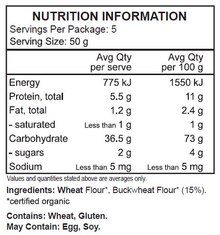 Wheat flour*, buckwheat flour* (15%), (*certified organic)