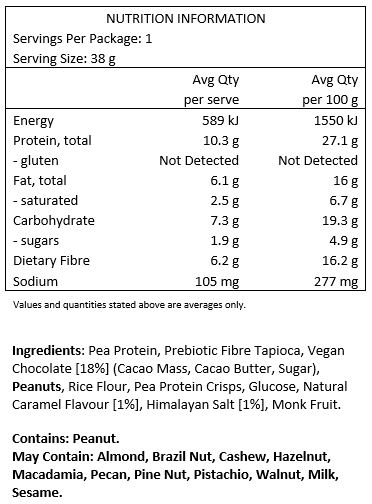 Pea Protein, Prebiotic Fibre Tapioca, Vegan Chocolate (Cacao Mass, Cacao Butter, Sugar), Peanuts, Rice Flour, Pea Protein Crisps, Glucose, Natural Caramel Flavour (1%), Himalayan Salt (1%), Monk Fruit.
CONTAINS: Peanuts.
Manufactured in a facility that produces Peanuts, Tree Nuts, Seasame and Milk.