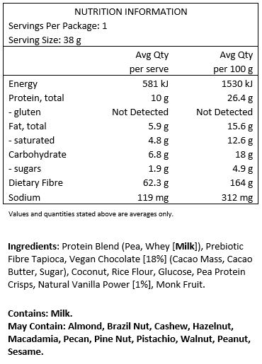 Protein Blend (Pea, Whey), Prebiotic Fibre Tapioca, Vegan Chocolate (Cacao Mass, Cacao Butter, Sugar), Coconut, Rice Flour, Pea Protein Crisps, Glucose, Natural Vanilla Flavour (1%), Monk Fruit.
CONTAINS: Milk.
MAY CONTAIN: Peanuts, Tree Nuts, Sesame.