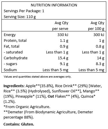 Apple** 35,8%, Rice Drink** 29% (Water, Rice** 3,5% (Hydrolysed), Sunflower Oil**), Mango** 19%, Pineapple* 11%, Oat Flakes** 4%, Quinoa* 1,2%.