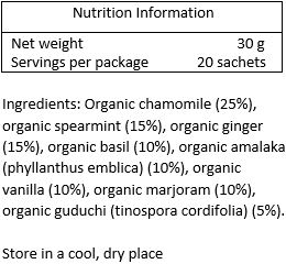 Organic chamomile (33%), organic spearmint (17%), organic ginger (16%), organic basil (10%), organic amalaki (phyllanthus emblica) (10%), organic
guduchi (tinospora cordifolia) (9%), organic marjoram (4.5%), organic vanilla (0.5%)