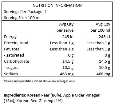Korean Pear (86%), Korean Apple Cider Vinegar (13%), Korean Ginseng (1%).