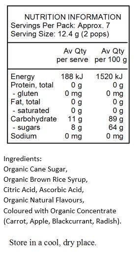 Organic Cane Sugar, Organic Brown Rice Syrup, Citric Acid, Ascorbic Acid, Natural Flavours Concentrate (Carrot, Blackcurrant) (Colour), Organic Annatto (Colour).