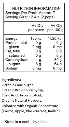 Organic Cane Sugar, Organic Brown Rice Syrup, Citric Acid, Ascorbic Acid, Organic Natural Flavours, Ascorbic Acid, Coloured with Organic Concentrate (Carrot, Apple, Blackcurrant, Radish), Organic Turmeric Extract (Colour).