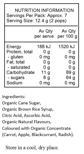 Organic Cane Sugar, Organic Brown Rice Syrup, Citric Acid, Ascorbic Acid, Organic Natural Flavours, Ascorbic Acid, Coloured with Organic Concentrate (Carrot, Apple, Blackcurrant, Radish), Organic Turmeric Extract (Colour). 