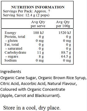 Organic Cane Sugar, Organic Rice Syrup, Citric Acid, Ascorbic Acid, Natural Flavour, Coloured with Concentrate (Black Carrot and Blackcurrant).