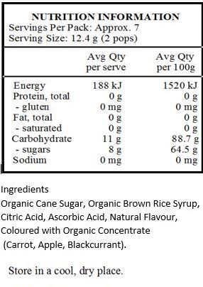 Organic Cane Sugar, Organic Brown Rice Syrup, Citric Acid, Ascorbic Acid, Natural Flavours, Coloured with Concentrate (Carrot, Blackcurrant).