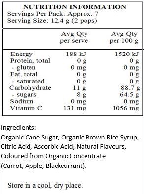 Organic Cane Sugar, Organic Brown Rice Syrup, Organic Natural Flavours, Citric Acid, Ascorbic Acid, Coloured with Organic Concentrate (Carrot, Apple, Blackcurrant, Radish), Organic Turmeric Extract (Colour).
