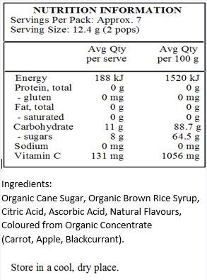 Organic Cane Sugar, Organic Brown Rice Syrup, Organic Natural Flavours, Citric Acid, Ascorbic Acid, Coloured with Organic Concentrate (Carrot, Apple, Blackcurrant, Radish), Organic Turmeric Extract (Colour). 