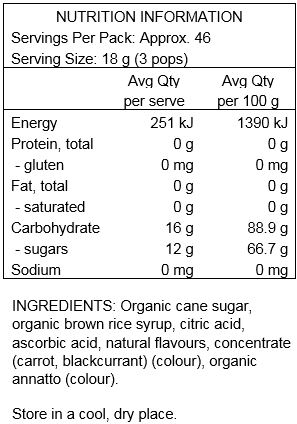 Organic cane sugar, organic brown rice syrup, citric acid, ascorbic acid, natural flavours, concentrate (carrot, blackcurrant) (colour), organic annatto (colour).